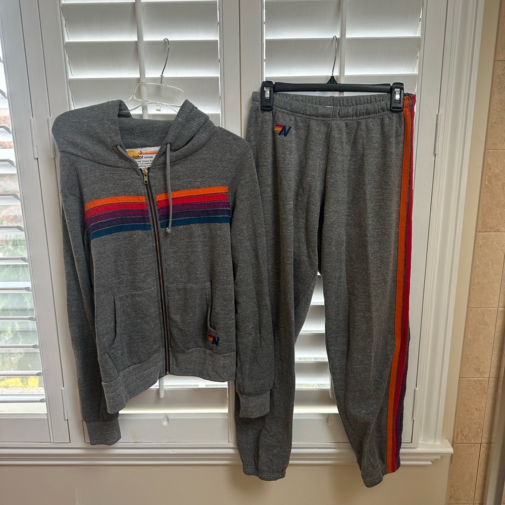 Aviator Nation Gray Hoodie with Rainbow Stripes